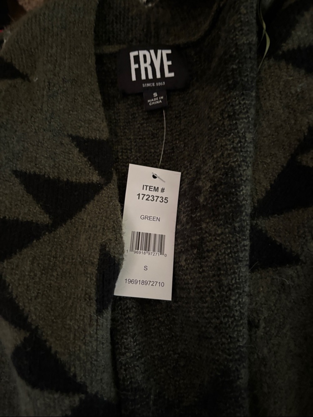 Frye Olive and Black Geometric Open-Front Cardigan - Picture 2 of 2